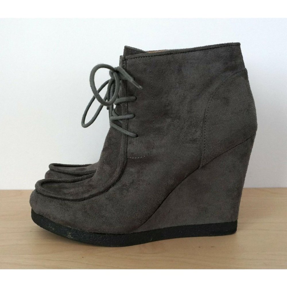 NINE WEST Gray Suede Lace Up Wedge Ankle Boots - Picture 4 of 8